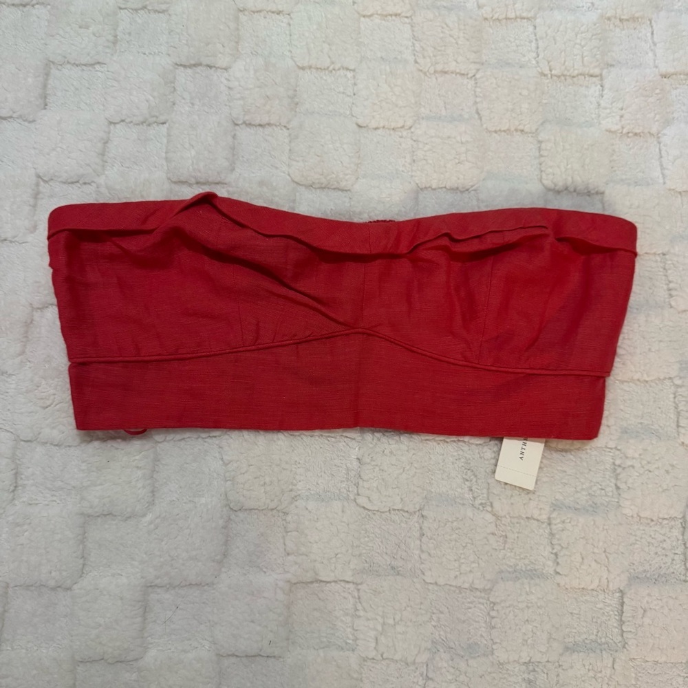 Maeve by Anthropologie Red Strapless Bandeau Crop Top, Linen Blend, Medium NWT